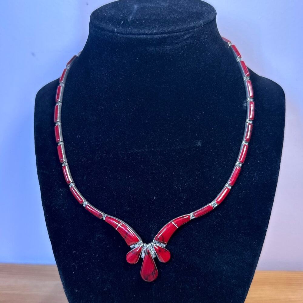 Mexico 925 Sterling Silver Red Turquoise Inlay Collar Necklace Vintage